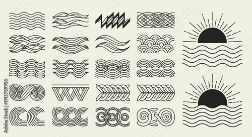 Minimalist black line art vector set featuring various abstract wave patterns and two suns rising over wavy water, isolated on a light cream background.