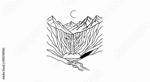 Mountainous valley with cascading waterfall flowing into a river below moon