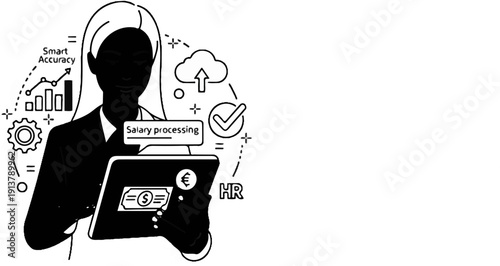 Person using tablet showing salary processing with icons representing finance and HR