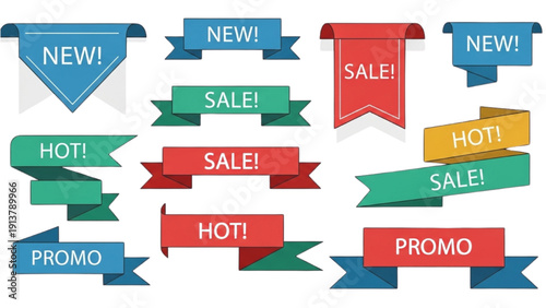 Collection of colorful banners and ribbons with promotional labels arranged in a grid layout on a transparent background