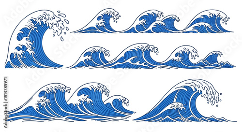 Blue ocean waves vector illustration set with white foam crests and hand-drawn sketch lines, isolated on transparent background for marine design.