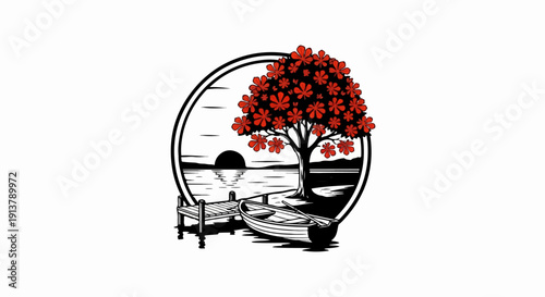 Serene waterside scene with blooming tree, dock, and boat at sunset