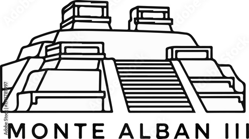 Outline of ancient stepped pyramid with stairs and text below