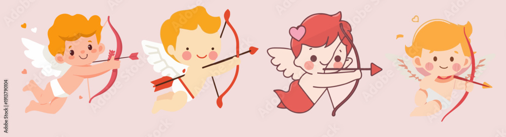Fototapeta premium vector set illustration of a Valentine's Day cupid element in a flat design style, featuring a small, winged figure with a bow and arrow