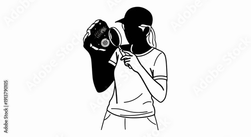 Person wearing a cap examines fossilized objects with a magnifying glass