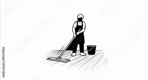 Person wearing apron mops a wooden floor with a bucket nearby