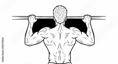 Muscular back view of man doing pull-ups on horizontal bar
