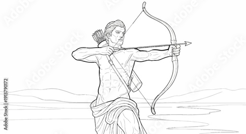 Muscular man in ancient attire aims a bow and arrow outdoors