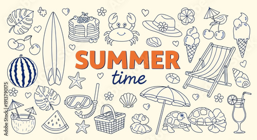 Hand-drawn vector doodle illustration of summer vacation elements like a watermelon, surfboard, crab, ice cream, and beach chair, isolated on a light beige background.