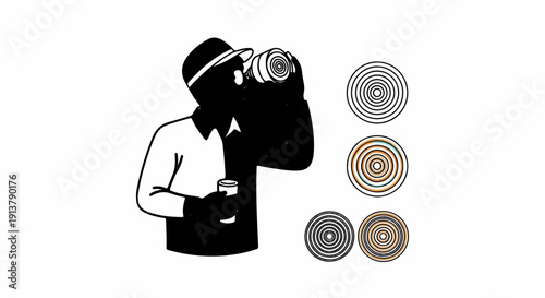 Person with a hat holding a drink and looking through a camera