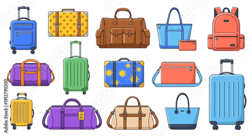 Collection of colorful travel luggage and bags, including rolling suitcases, duffel bags, and backpacks, isolated on a transparent background.