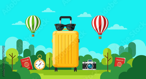 Yellow textured travel suitcase with black sunglasses, red passports, a vintage compass, and a camera, flanked by green and red hot air balloons over a lush forest landscape, vector illustration.
