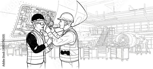 Mechanics in hard hats and vests work on an aircraft engine inside a hangar