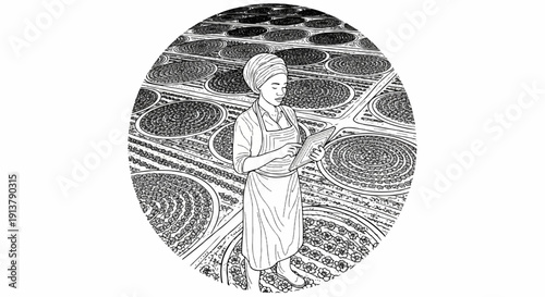 Person with headscarf and apron using tablet in circular field