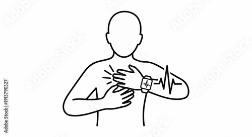 Person with heart monitoring device on wrist, chest pain symbol