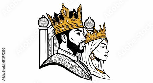 Royal couple profile portrait illustration with crowns