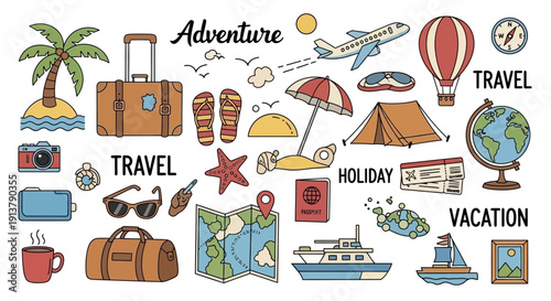 Hand-drawn vector travel and adventure icons set featuring a suitcase, palm tree, airplane, hot air balloon, map, and various vacation elements isolated on a white background.