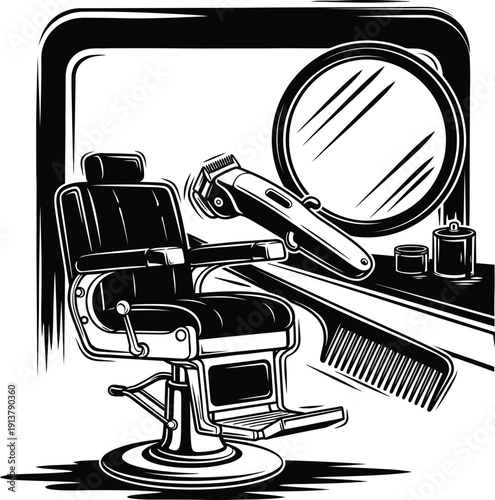 Vintage barber shop interior design featuring classic chair with electric clipper and comb vector illustration.