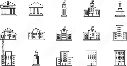 Architectural Ensemble: An array of detailed building icons, each a testament to diverse architectural styles, standing in unison, a captivating illustration of urban design and construction.