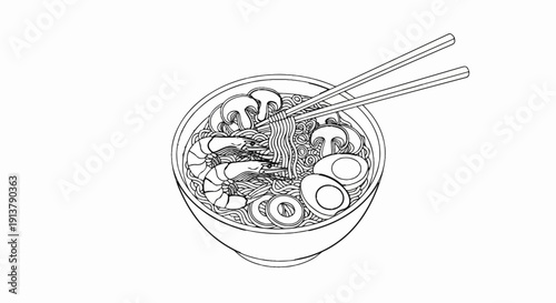 Overhead view line drawing of a delicious bowl of ramen with shrimp and eggs
