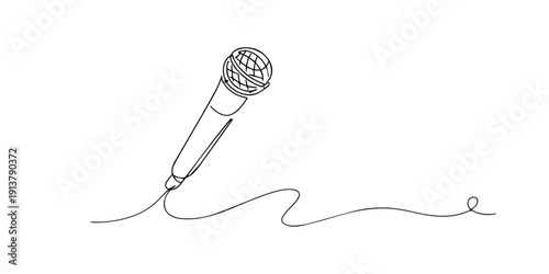 Hand drawn continuous line illustration of a microphone. Single line artwork representing music, singing, podcast, audio recording, and sound performance concepts.