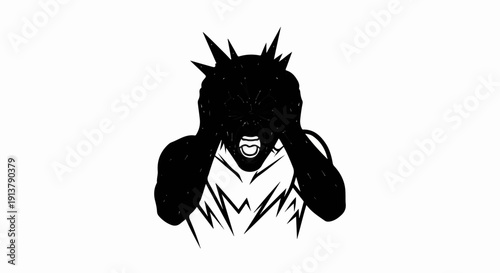 Person with spiky hair covering ears, yelling in distress