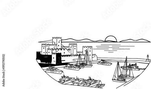 Medieval castle overlooking a harbor filled with yachts and sailboats at sunset