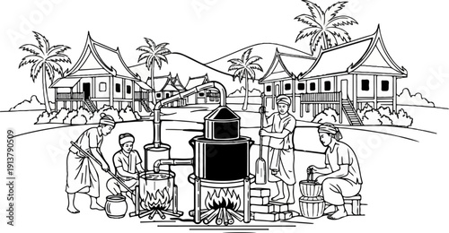 Rural workers processing liquids near traditional houses under palm trees
