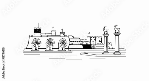 Medieval castle with windmills and statues on pillars by the sea