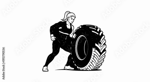 Muscular woman in athletic wear flips a large tire