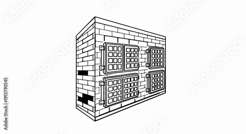 Perspective drawing of a brick wall with multiple square panel windows