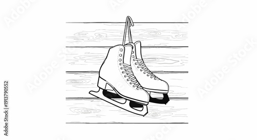 Pair of figure skates suspended from a hook against a wooden plank backdrop