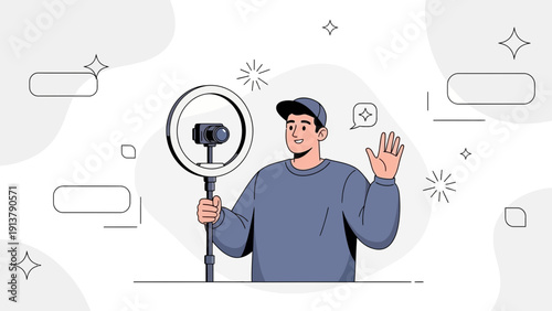 Man Waving Hello with Ring Light and Camera for Vlogging or Streaming