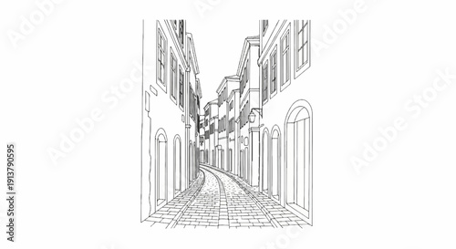 Narrow cobbled street with arched doorways and tall buildings