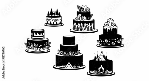 Nature-themed cakes with forest, mushroom, berry, and campfire designs