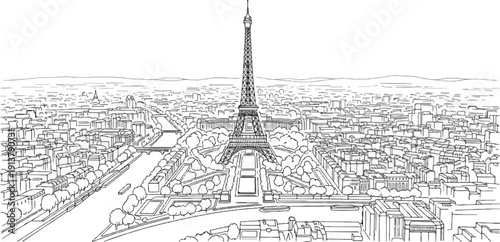 Panoramic line art sketch of a city with a prominent tower and river