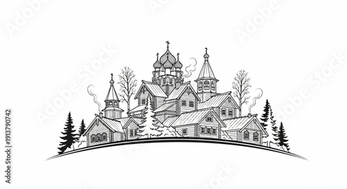 Rustic village with domed church and wooden houses in winter