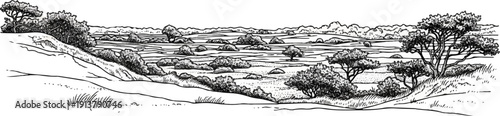 Panoramic ink sketch of rolling hills with scattered trees and bushes