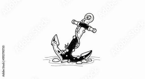 Nautical anchor submerged partially in water, covered in barnacles