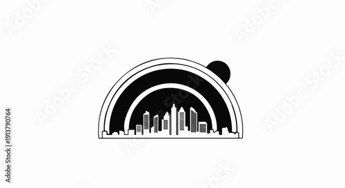 Minimalist black and white graphic of a city skyline under a large arc and sun