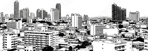 Panoramic sketch of a densely packed urban skyline with many tall buildings