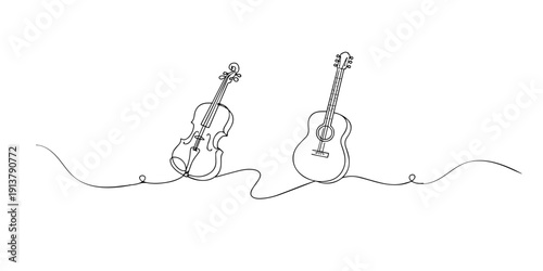 Line art illustration of a violin and acoustic guitar arranged simply. Hand drawn continuous line representing musical instruments, harmony, and creative sound.
