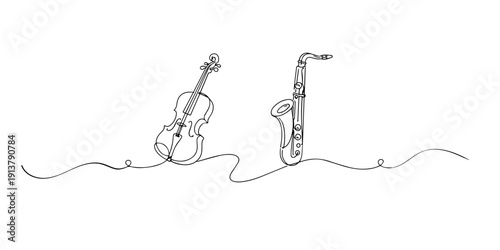Line art illustration of a violin and saxophone. Hand drawn continuous line representing musical harmony, jazz and classical fusion, and sound concept.