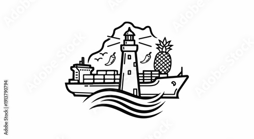 Nautical scene with lighthouse, ship, fruit, and peppers