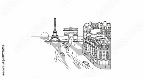 Parisian skyline sketch featuring iconic landmarks and city life