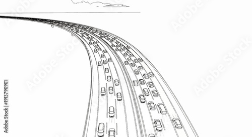 Pencil sketch of a multi-lane highway filled with traffic in perspective
