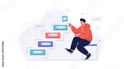 Man Climbing Stairs, Reaching Goals, Success Concept Illustration