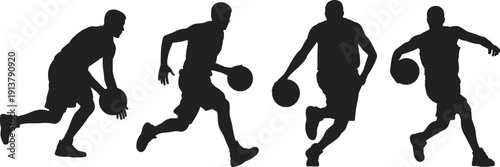 Basketball player silhouettes collection, athletes dribbling ball in dynamic motion poses, sport competition vector illustration isolated on white background