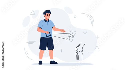 Man demonstrates knee joint movement with medical illustration