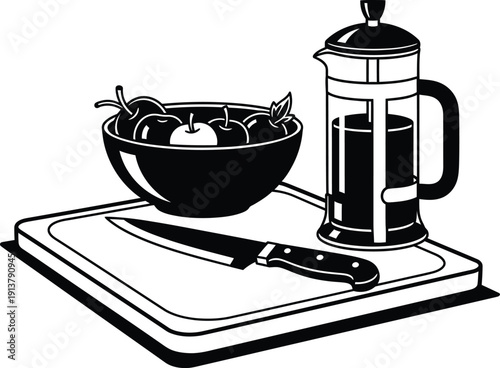Kitchen composition with french press coffee maker fruit bowl and knife on cutting board black and white vector illustration.